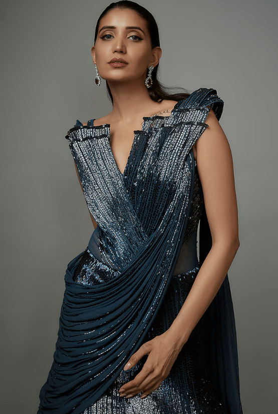 Teal Sapphire Rayon Georgette Sculpted Lehenga Saree - Image 3