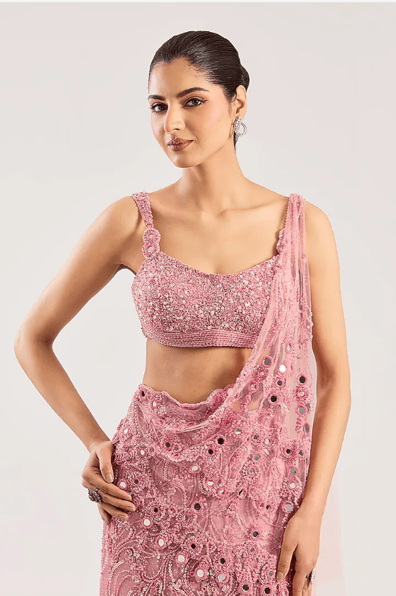 Baby Pink Net Hand Embroidered Lehenga Set - Image 5