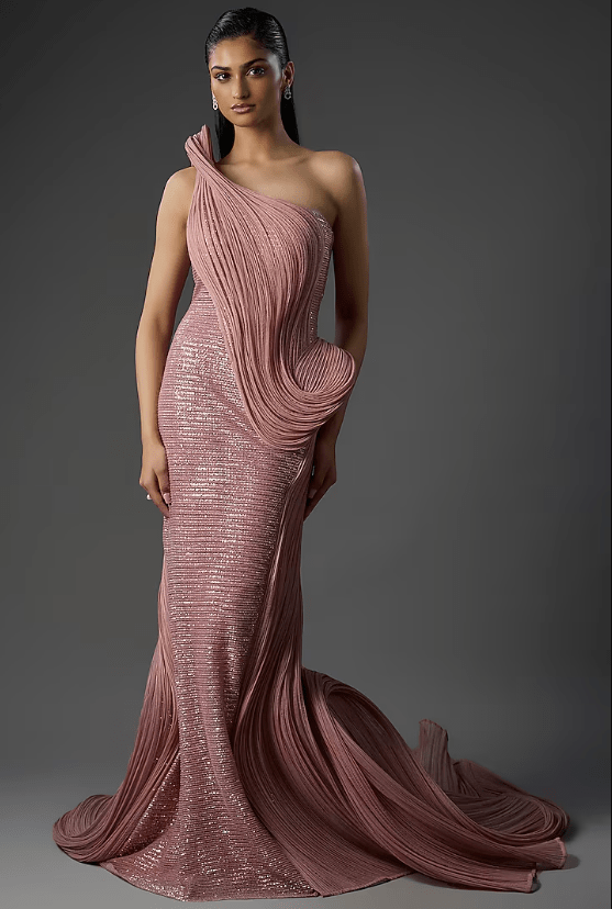 Rose Bud-Colored Polyester Sequins Sculpted Gown