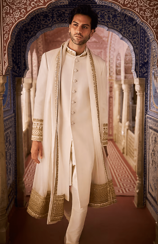 Ivory Matka Silk Zardosi Embroidered Sherwani Set