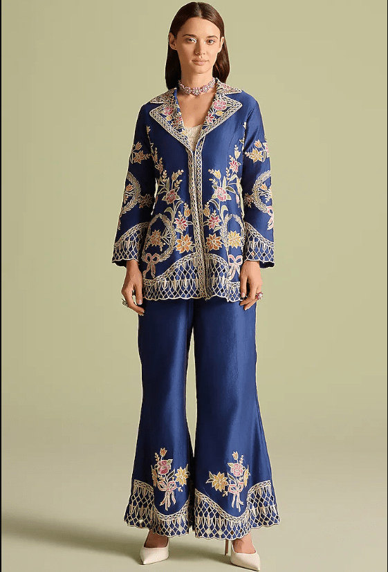 Indigo Chanderi Applique Thread Work Flared Jacket