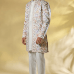 Multi-Colored Matka Silk Thread Embroidered Open Sherwani Set
