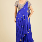 Blue Dupion Thread Embroidered Draped Saree Set
