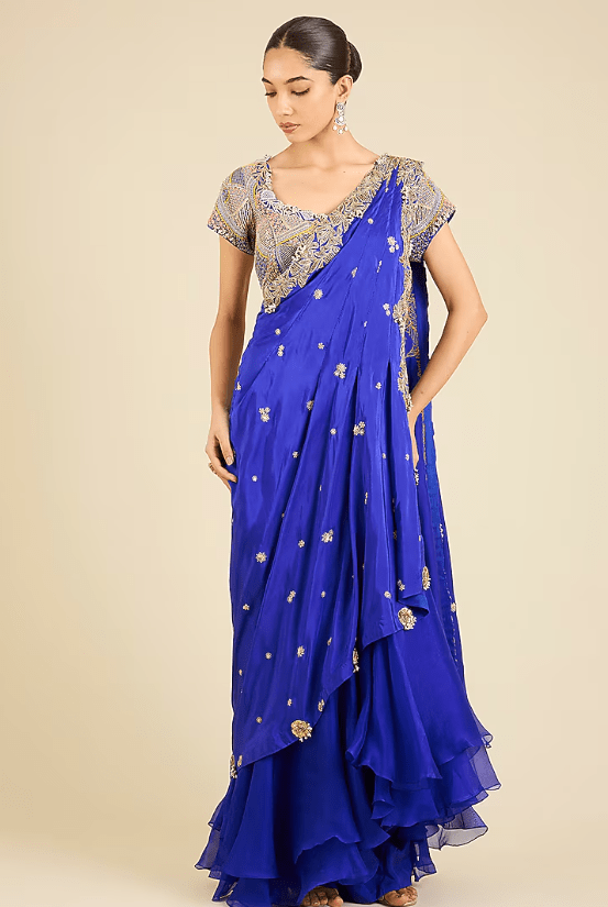 Blue Dupion Thread Embroidered Draped Saree Set