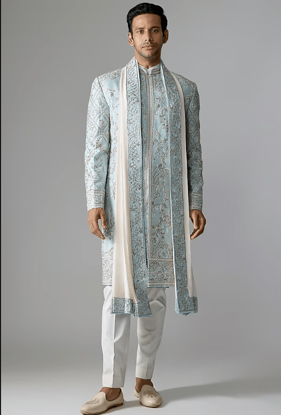 Aqua Blue Raw Silk Sherwani Set