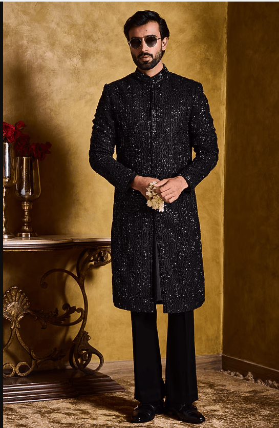Black Raw Silk Resham Embroidered Sherwani Set