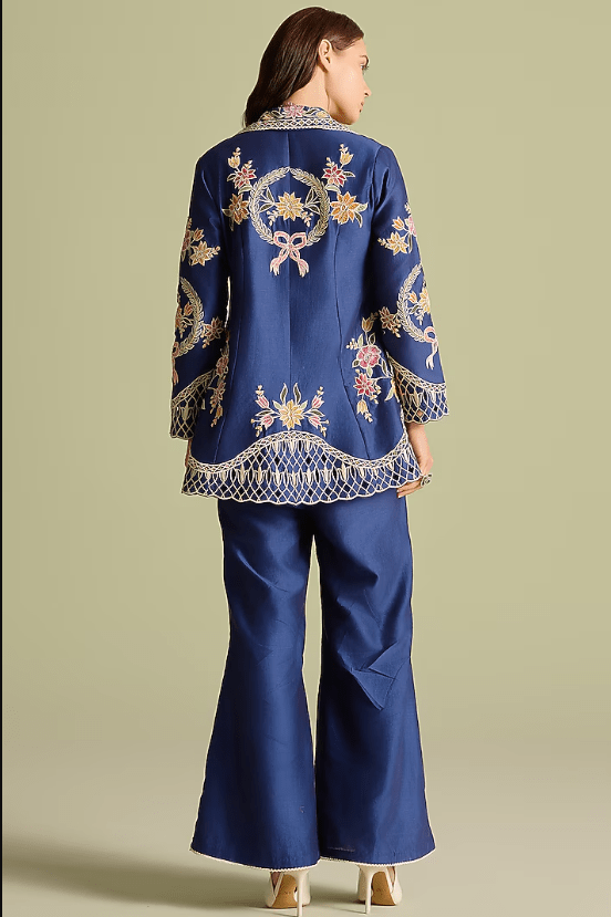 Indigo Chanderi Applique Thread Work Flared Jacket - Image 2