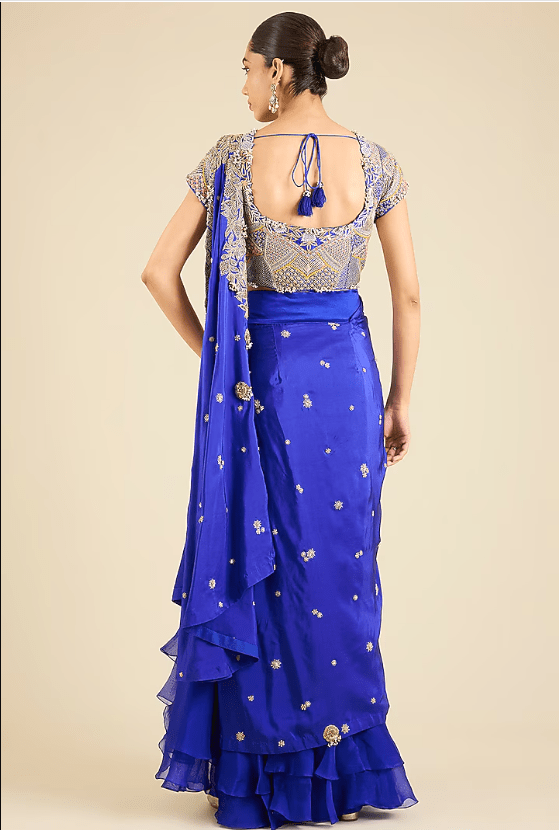 Blue Dupion Thread Embroidered Draped Saree Set - Image 2