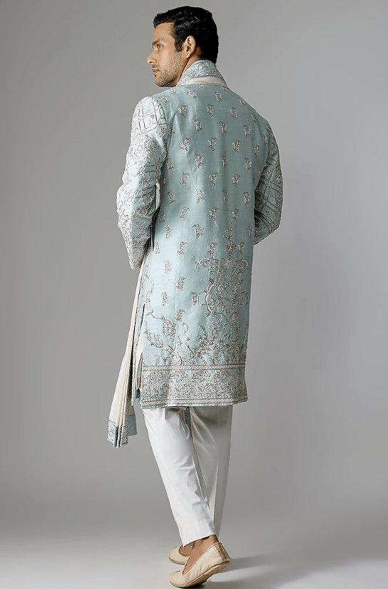 Aqua Blue Raw Silk Sherwani Set - Image 2