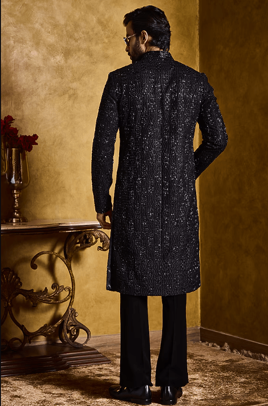Black Raw Silk Resham Embroidered Sherwani Set - Image 2
