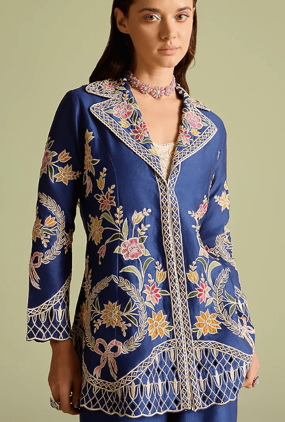 Indigo Chanderi Applique Thread Work Flared Jacket - Image 3