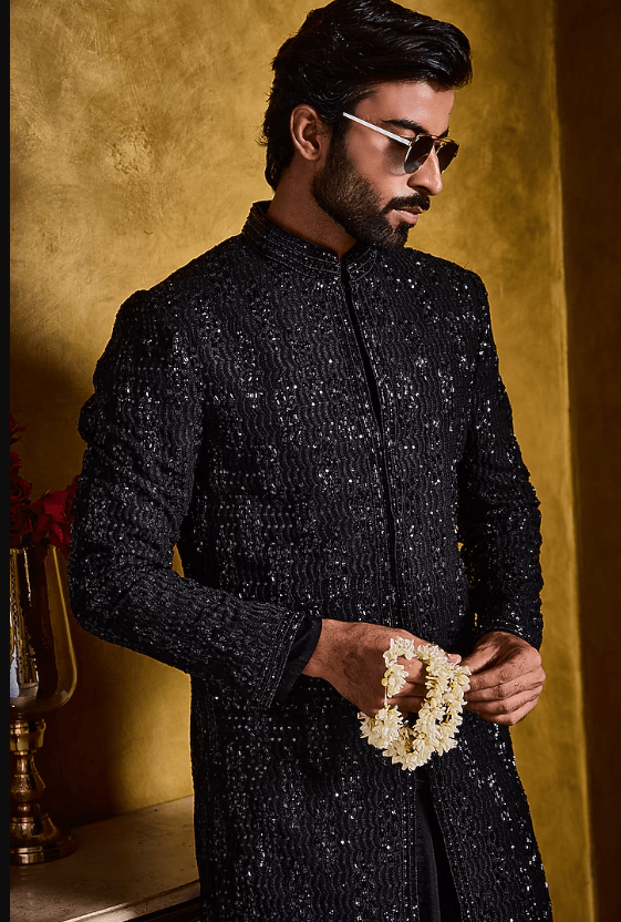 Black Raw Silk Resham Embroidered Sherwani Set - Image 3