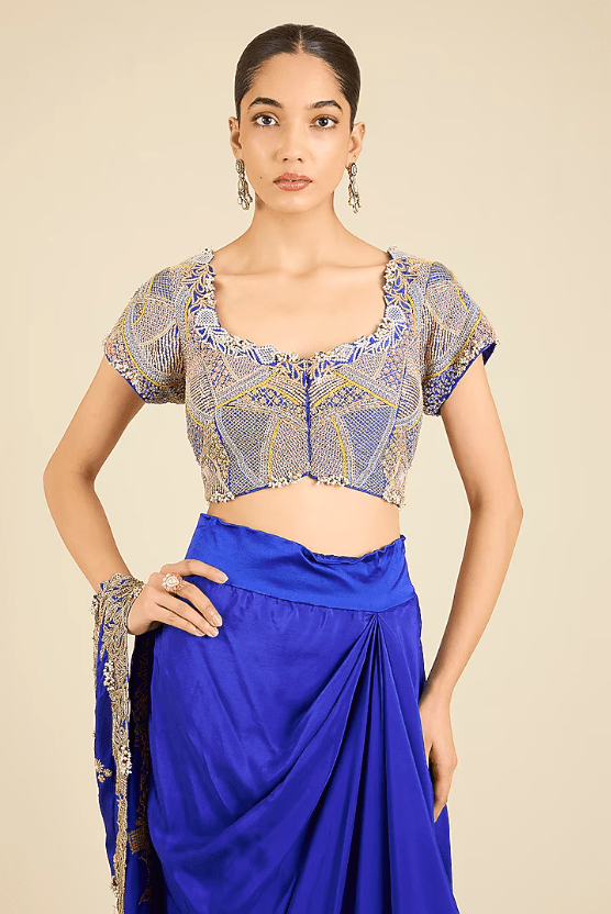 Blue Dupion Thread Embroidered Draped Saree Set - Image 3