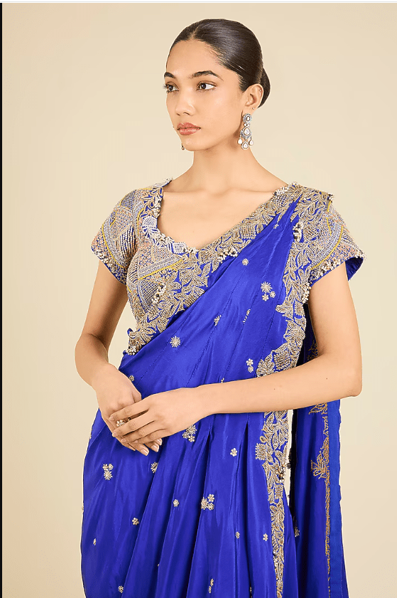 Blue Dupion Thread Embroidered Draped Saree Set - Image 4