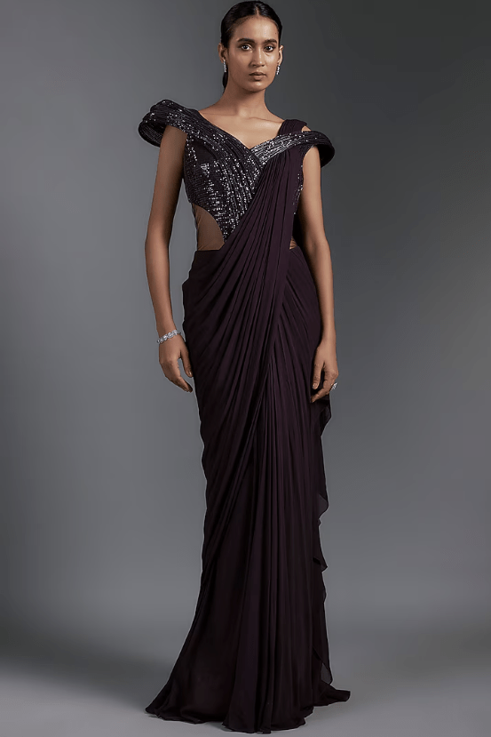 Grape Purple Sequins Sculpted Gown Saree