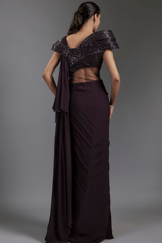 Grape Purple Sequins Sculpted Gown Saree - Image 2