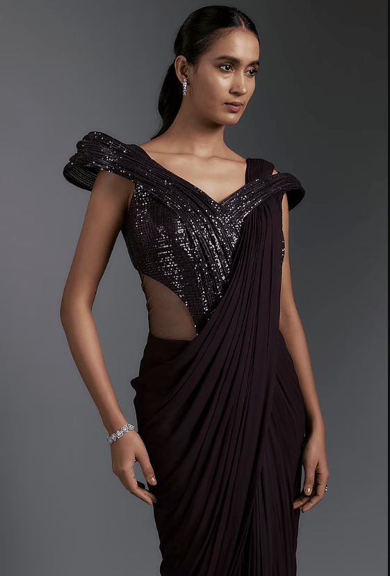 Grape Purple Sequins Sculpted Gown Saree - Image 3