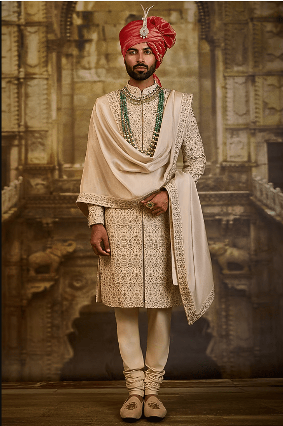 Light Beige Banarasi Silk Brocade Dabka Embroidered Sherwani Set