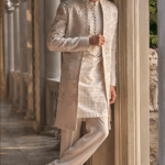 Light Beige Italian Crepe Thread Embroidered Open Sherwani Set