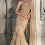 Beige & Gold Georgette Sequins Embroidered Fish-Cut Draped Saree Set