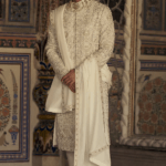 Ivory & Beige Raw Silk Resham Embroidered Sherwani Set