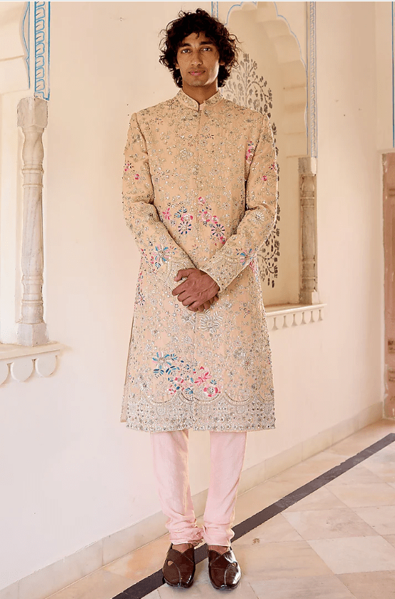 Caramel Taupe Mulberry Silk Zardosi Embroidered Sherwani Set