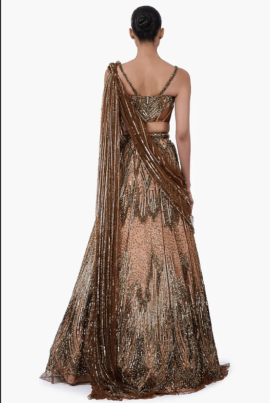 Antique Gold Embellished Draped Lehenga Saree Set - Image 2