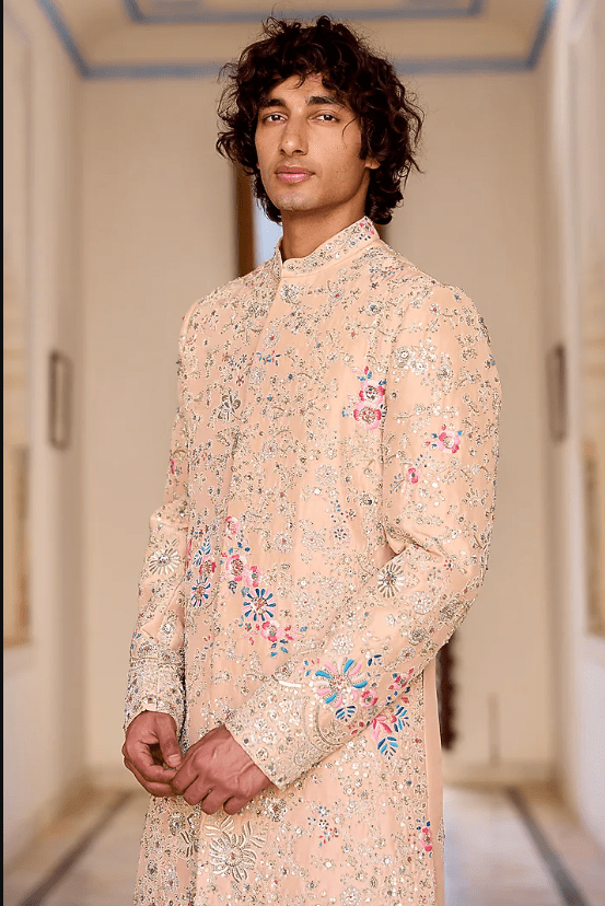 Caramel Taupe Mulberry Silk Zardosi Embroidered Sherwani Set - Image 2