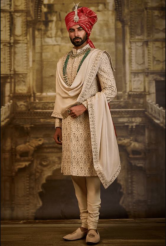 Light Beige Banarasi Silk Brocade Dabka Embroidered Sherwani Set - Image 3