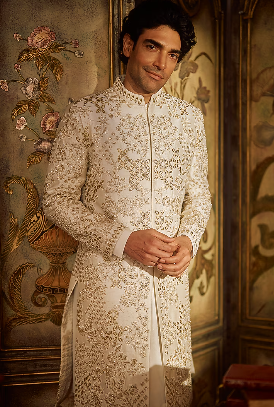 Ivory & Gold Raw Silk Thread Embroidered Sherwani Set