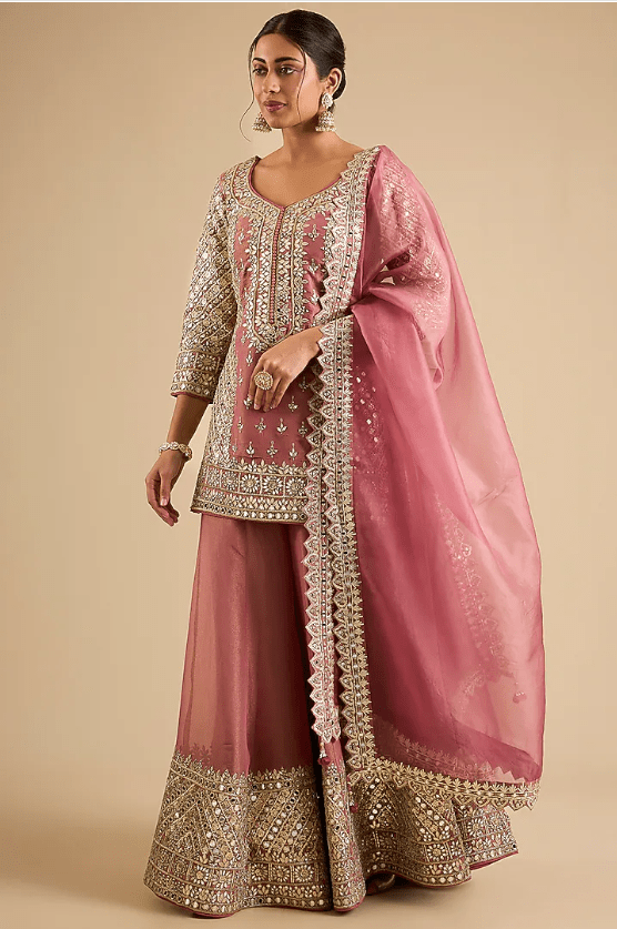 Coral Tissue Mirror Work Sharara Set