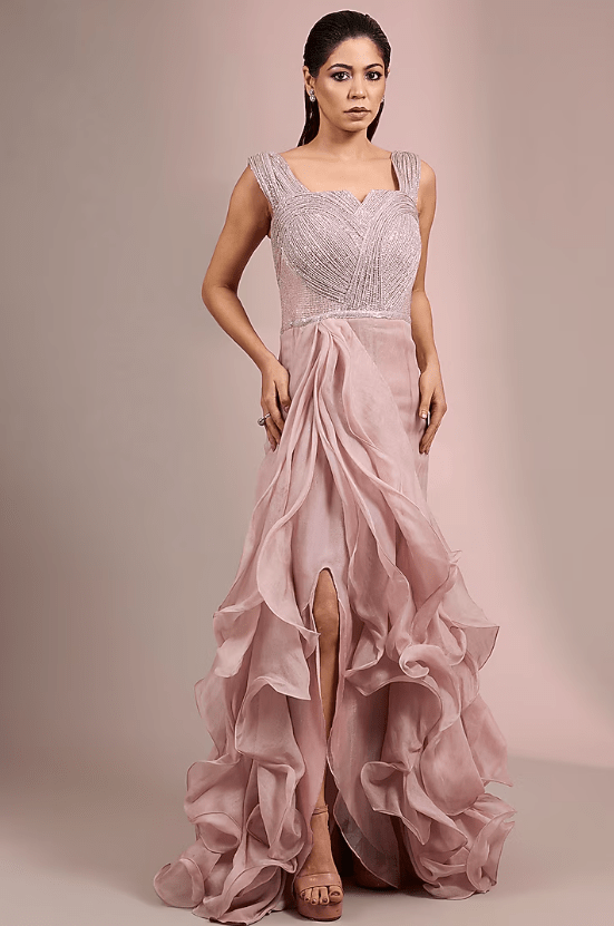 Pink Polyester Sequins & Silk Organza Ruffled Gown