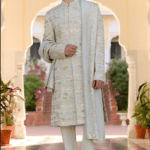 Sage Green Linen Satin Zardosi Embroidered Sherwani Set