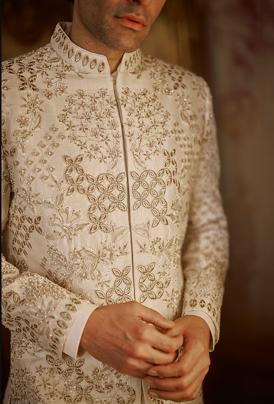 Ivory & Gold Raw Silk Thread Embroidered Sherwani Set - Image 2