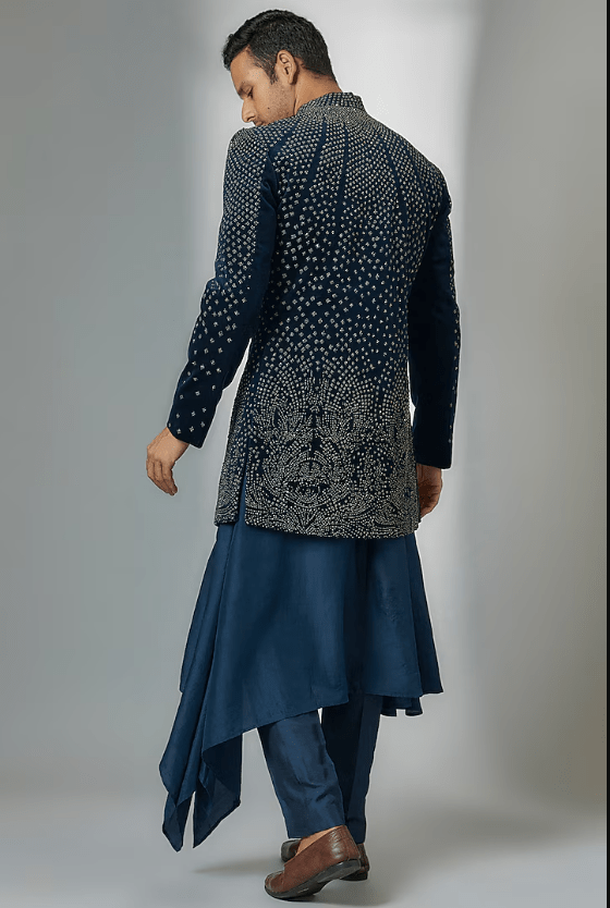 Teal Viscose Dupion Embroidered Sherwani Set - Image 2