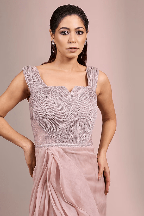 Pink Polyester Sequins & Silk Organza Ruffled Gown - Image 3