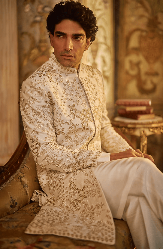 Ivory & Gold Raw Silk Thread Embroidered Sherwani Set - Image 4