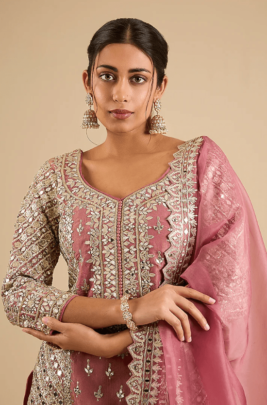 Coral Tissue Mirror Work Sharara Set - Image 4