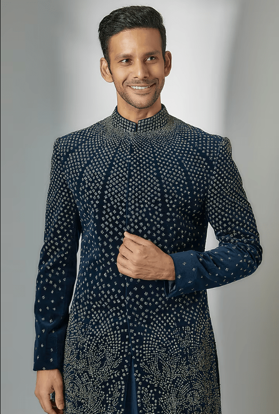 Teal Viscose Dupion Embroidered Sherwani Set - Image 4