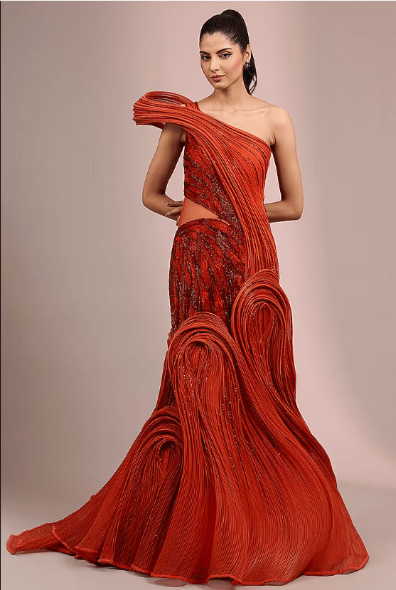 Sunset Orange Polyester Crepe Sculpted Gown