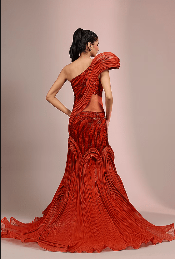 Sunset Orange Polyester Crepe Sculpted Gown - Image 2
