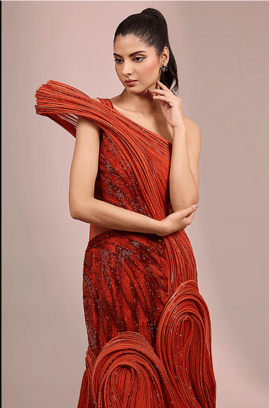 Sunset Orange Polyester Crepe Sculpted Gown - Image 3