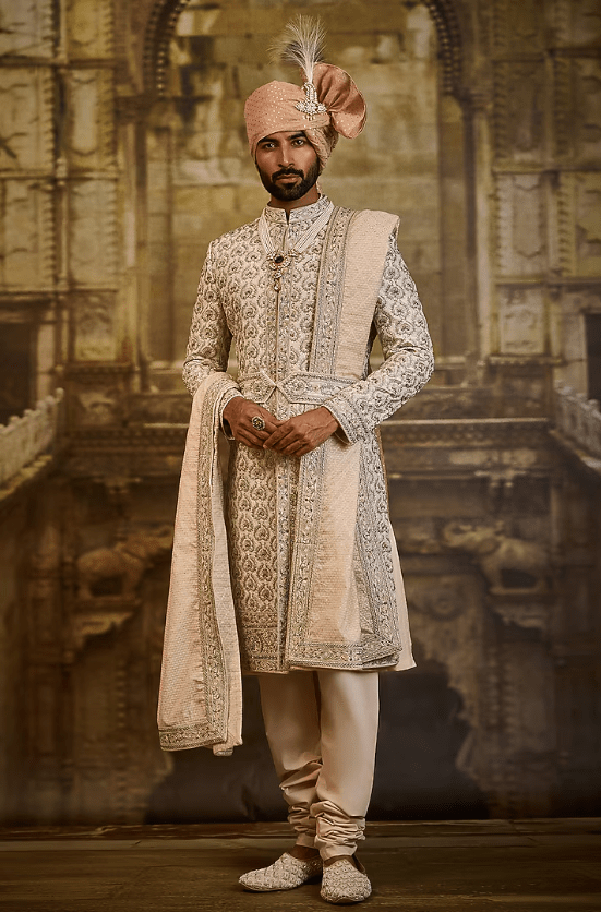 Ivory Taffeta Silk Dabka Embroidered Sherwani Set
