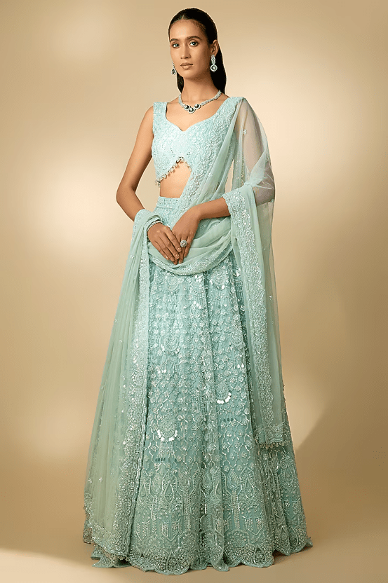 Ice Blue Net Sequins Embroidered Lehenga Set