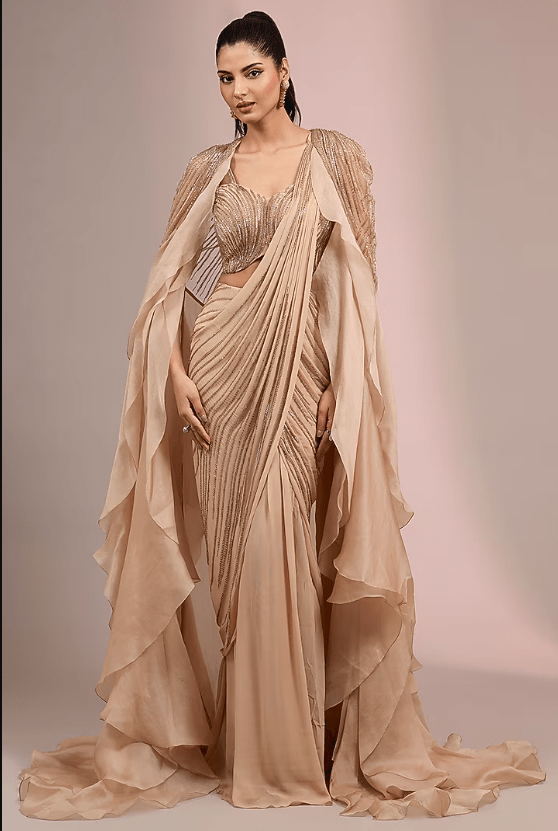 Champagne Rayon Georgette Sculpted Draped Saree Set