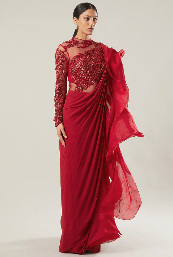 Red Viscose Georgette Gown Saree