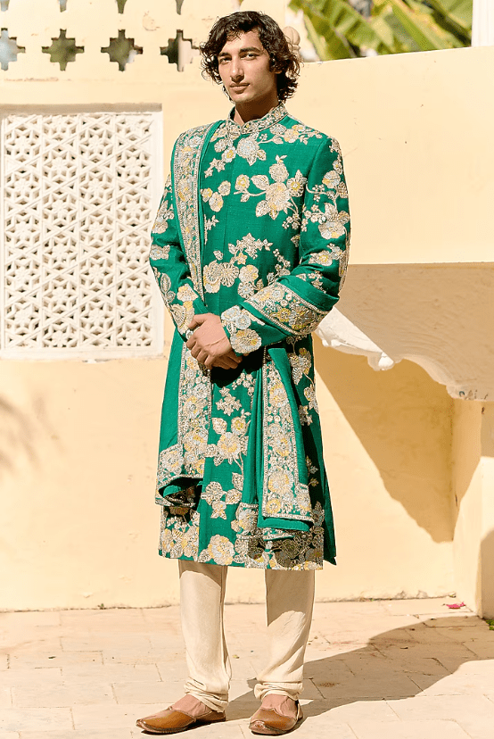 Jewel Green Raw Silk Zardosi Embroidered Sherwani Set
