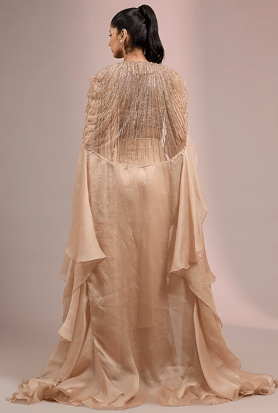 Champagne Rayon Georgette Sculpted Draped Saree Set - Image 2
