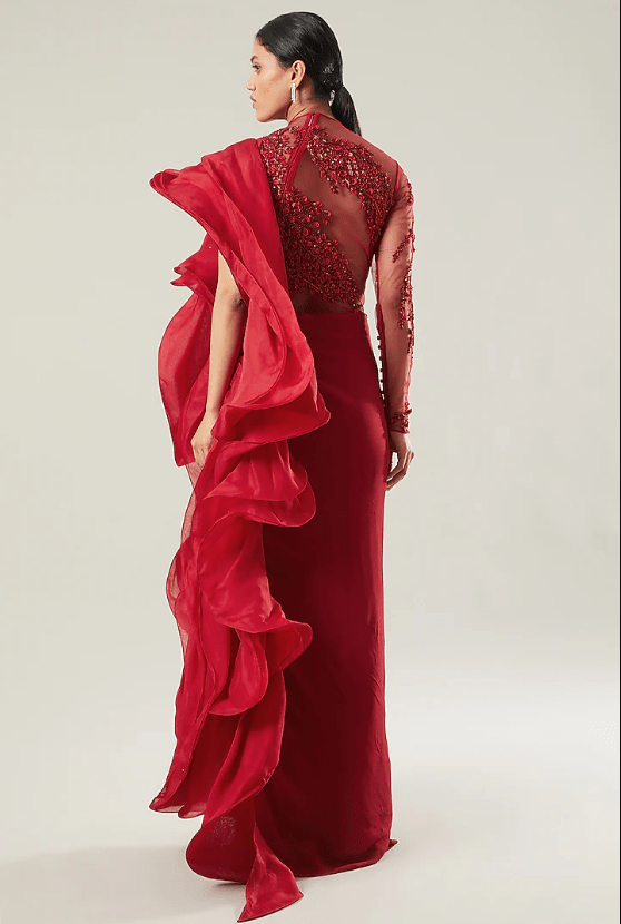 Red Viscose Georgette Gown Saree - Image 2