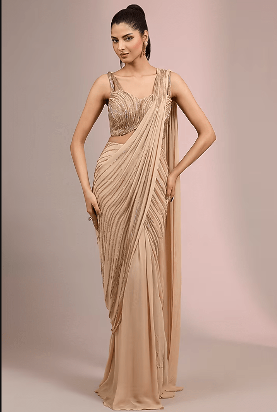 Champagne Rayon Georgette Sculpted Draped Saree Set - Image 3